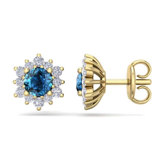 1 Carat Round Shape Flower Blue Diamond Halo Stud Earrings In 14 Karat Yellow Gold