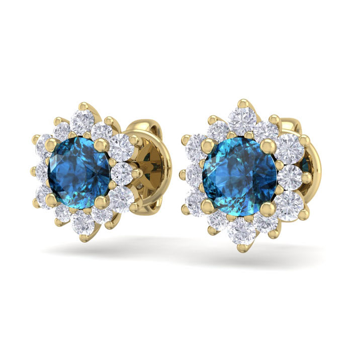 1 Carat Round Shape Flower Blue Diamond Halo Stud Earrings In 14 Karat Yellow Gold
