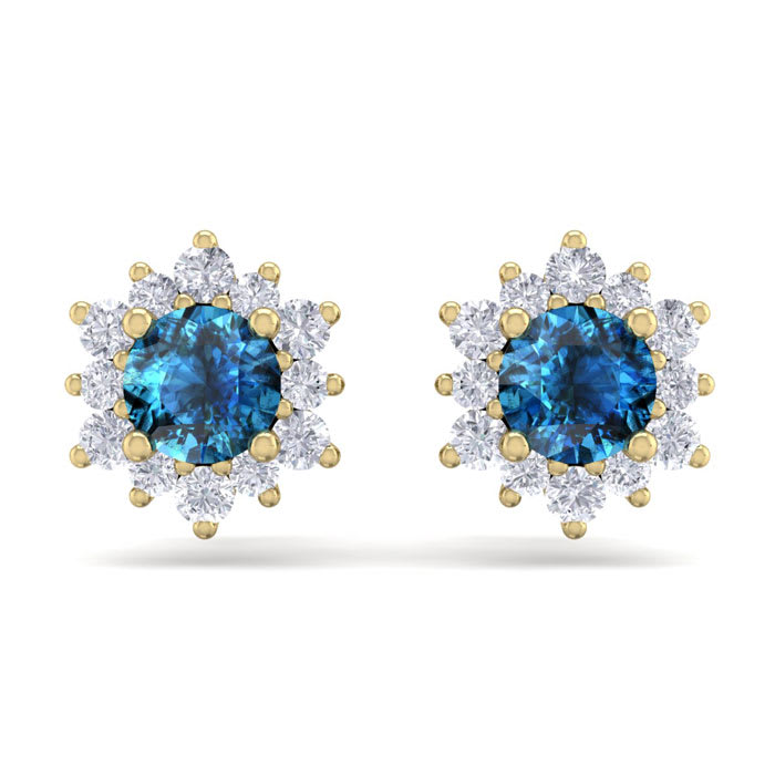 1 Carat Round Shape Flower Blue Diamond Halo Stud Earrings In 14 Karat Yellow Gold