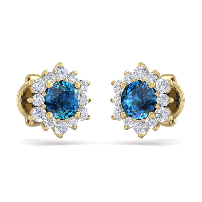 1 Carat Round Shape Flower Blue Diamond Halo Stud Earrings In 14 Karat Yellow Gold