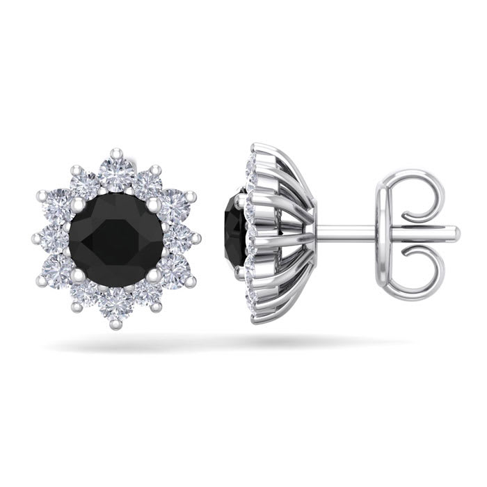 1 1/2 Carat Round Shape Flower Black Diamond Halo Stud Earrings In 14 Karat White Gold