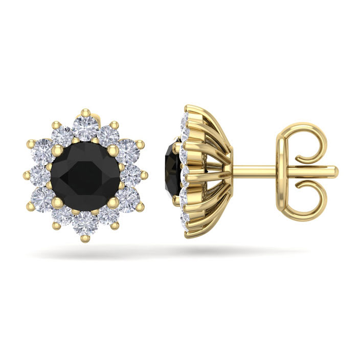 1 1/2 Carat Round Shape Flower Black Diamond Halo Stud Earrings In 14 Karat Yellow Gold