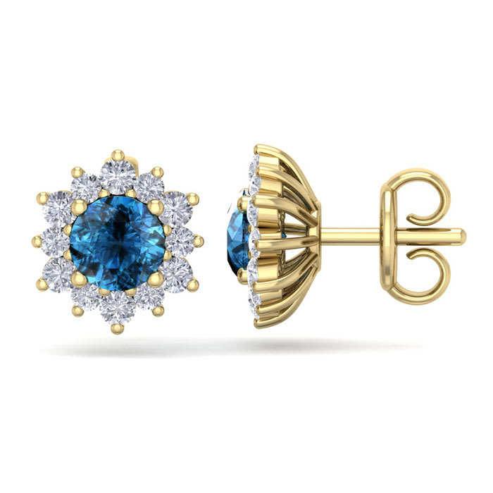 1 1/2 Carat Round Shape Flower Blue Diamond Halo Stud Earrings In 14 Karat Yellow Gold