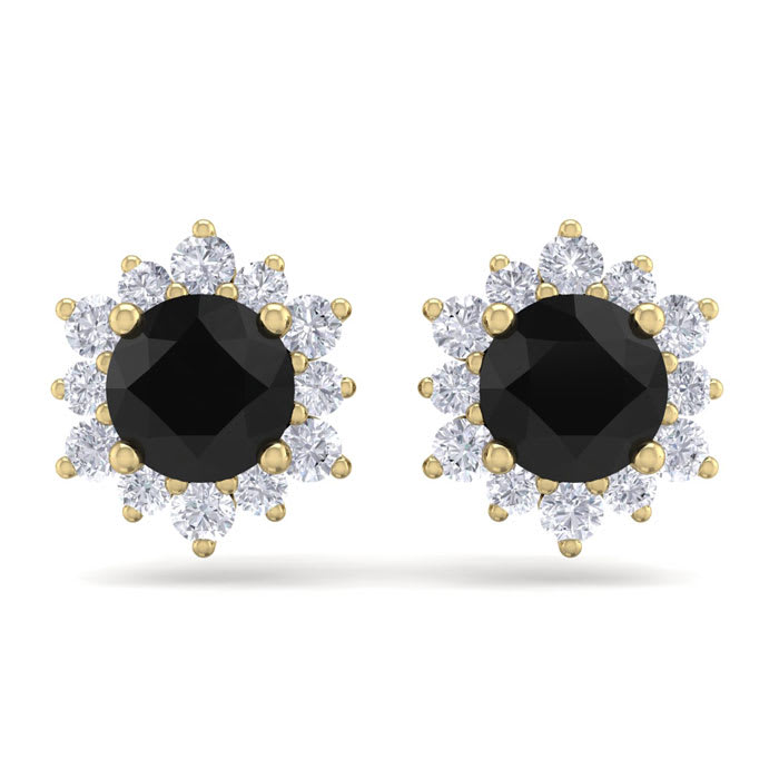 2 Carat Round Shape Flower Black Diamond Halo Stud Earrings In 14 Karat Yellow Gold