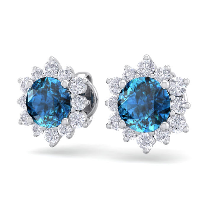 2 Carat Round Shape Flower Blue Diamond Halo Stud Earrings In 14 Karat White Gold