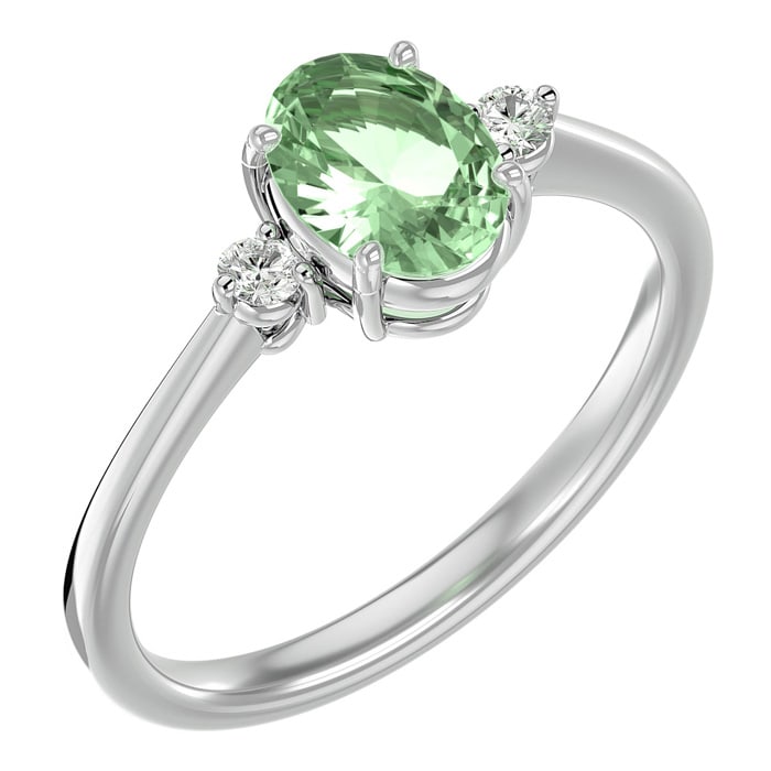 1.15 Carat Oval Shape Green Amethyst and Two Diamond Ring In 14 Karat White Gold