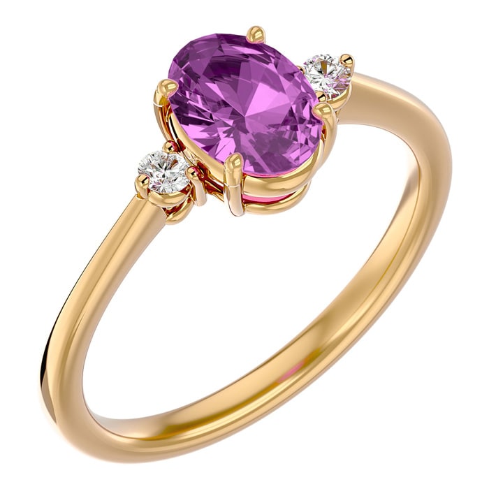 Pink Gemstones 1 1/2 Carat Oval Shape Pink Topaz and Two Diamond Ring In 14 Karat Yellow Gold