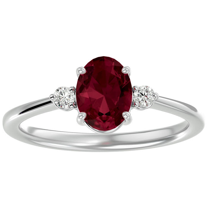 Garnet Ring: Garnet Jewelry: 1 1/2 Carat Oval Shape Garnet and Two Diamond Ring In 14 Karat White Gold