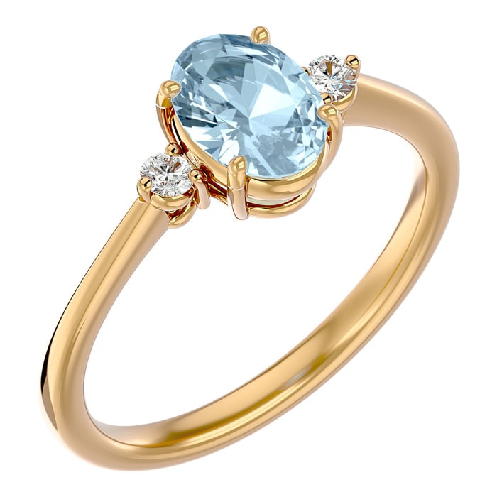Aquamarine Ring: Aquamarine Jewelry: 1 1/4 Carat Oval Shape Aquamarine and Two Diamond Ring In 14 Karat Yellow Gold