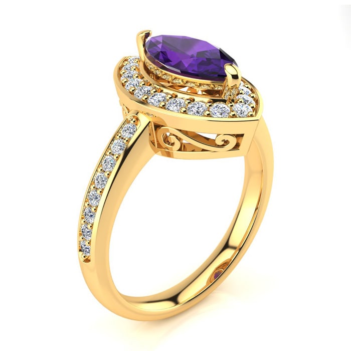 1 Carat Marquise Amethyst and Diamond Ring In 14 Karat Yellow Gold