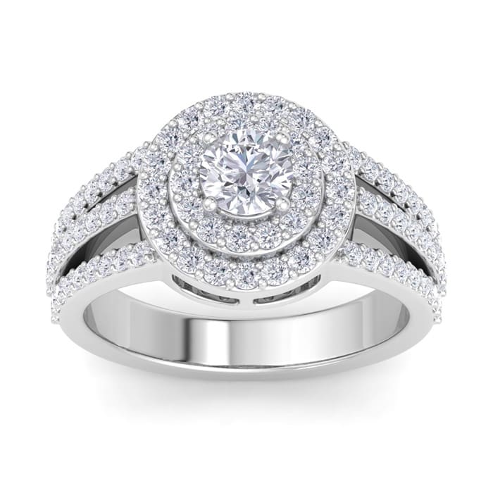 Moissanite Engagement Ring; 1 Carat Moissanite Double Halo Engagement Ring In 14 Karat White Gold
