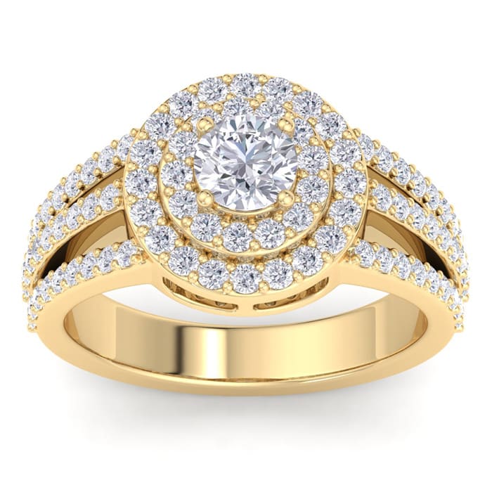 Moissanite Engagement Ring; 1 1/2 Carat Moissanite Double Halo Engagement Ring In 14 Karat Yellow Gold