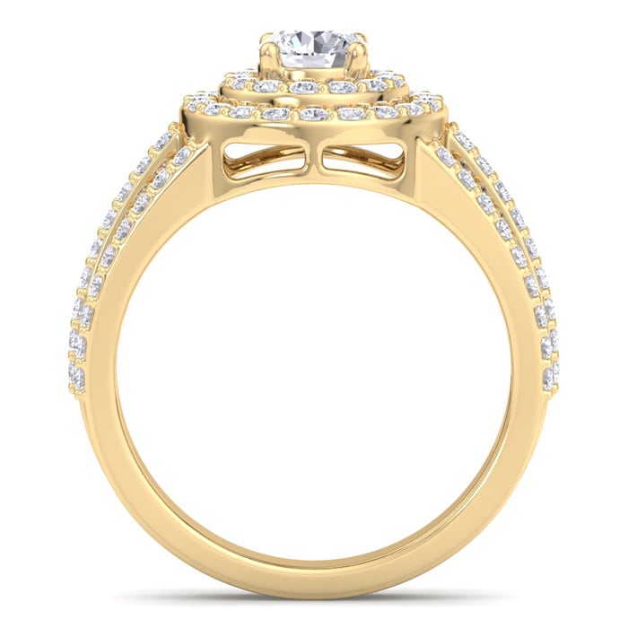 Moissanite Engagement Ring; 1 1/2 Carat Moissanite Double Halo Engagement Ring In 14 Karat Yellow Gold