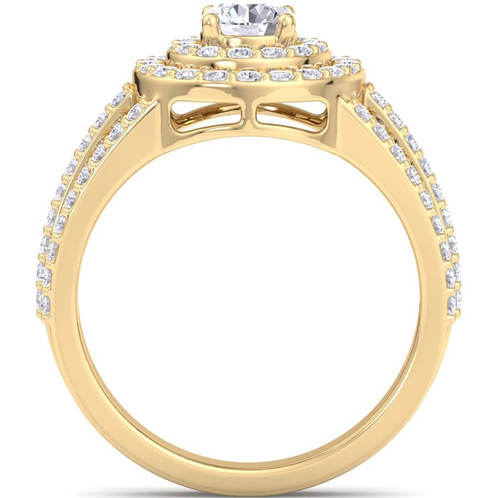 Moissanite Engagement Ring; 2 Carat Moissanite Double Halo Engagement Ring In 14 Karat Yellow Gold