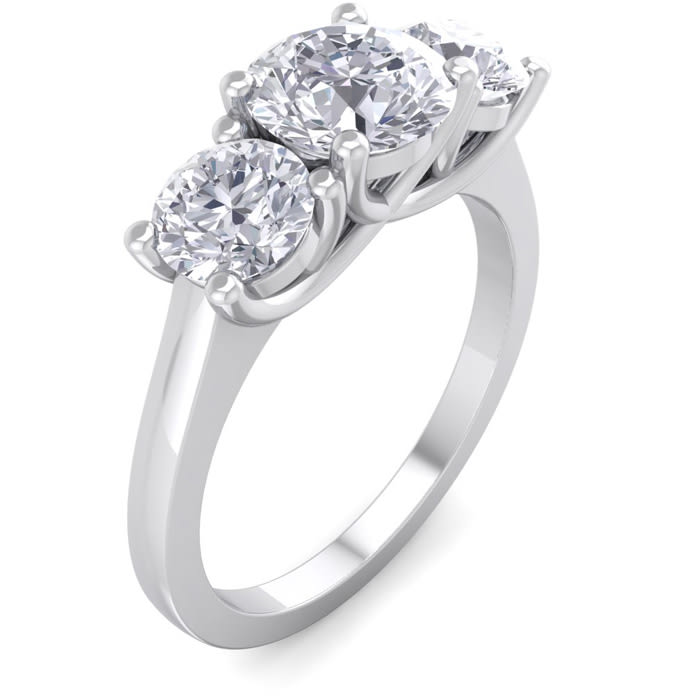 Moissanite Engagement Ring; 2 Carat Moissanite Three Stone Ring In 14 Karat White Gold