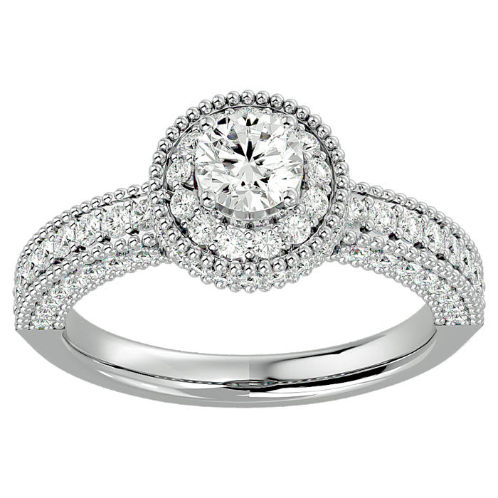 Moissanite Engagement Ring; 1 1/2 Carat Moissanite Halo Engagement Ring In 14 Karat White Gold