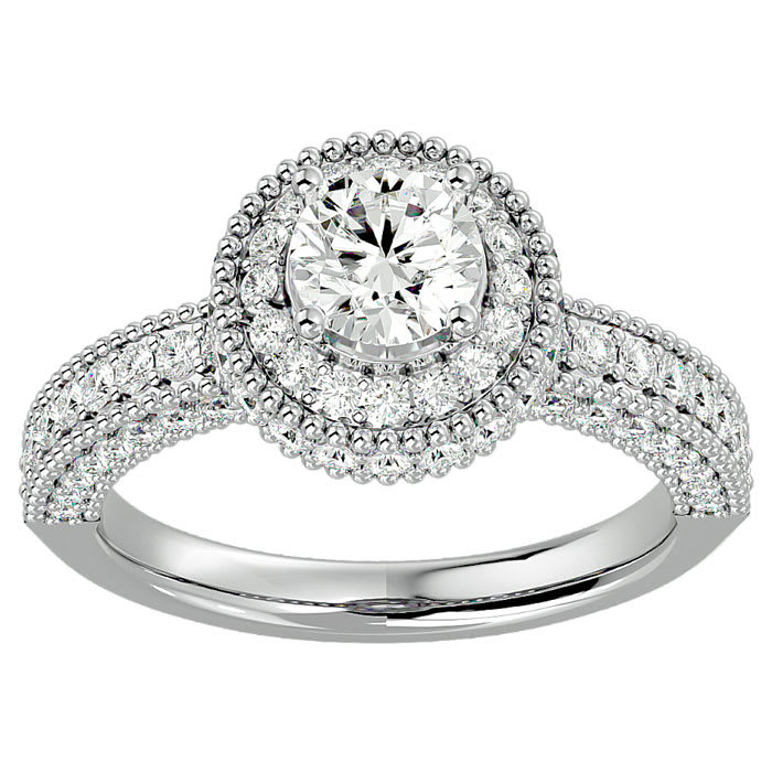 Moissanite Engagement Ring; 1 3/4 Carat Moissanite Halo Engagement Ring In 14 Karat White Gold