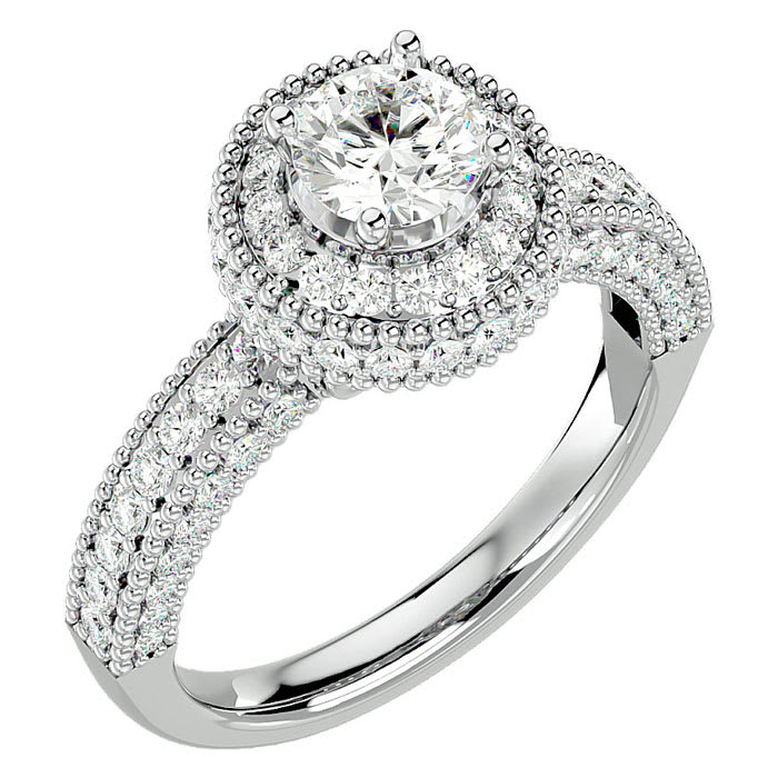 Moissanite Engagement Ring; 1 3/4 Carat Moissanite Halo Engagement Ring In 14 Karat White Gold