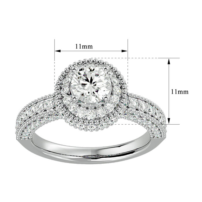 Moissanite Engagement Ring; 1 3/4 Carat Moissanite Halo Engagement Ring In 14 Karat White Gold