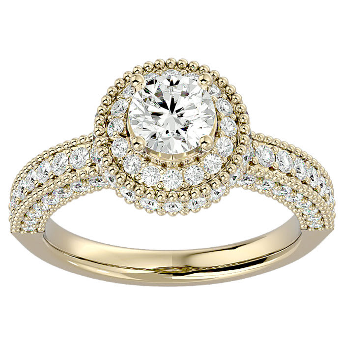 Moissanite Engagement Ring; 1 3/4 Carat Moissanite Halo Engagement Ring In 14 Karat Yellow Gold