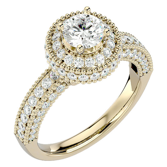 Moissanite Engagement Ring; 1 3/4 Carat Moissanite Halo Engagement Ring In 14 Karat Yellow Gold