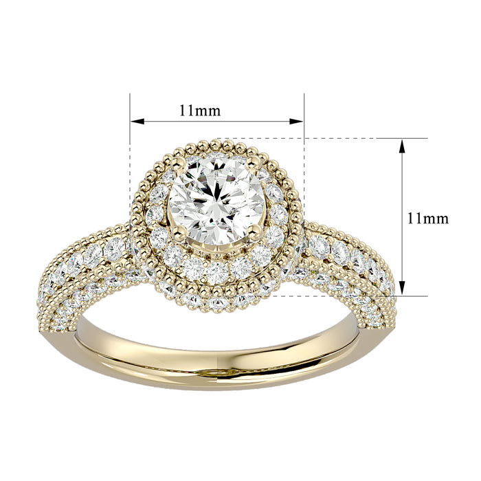 Moissanite Engagement Ring; 1 3/4 Carat Moissanite Halo Engagement Ring In 14 Karat Yellow Gold