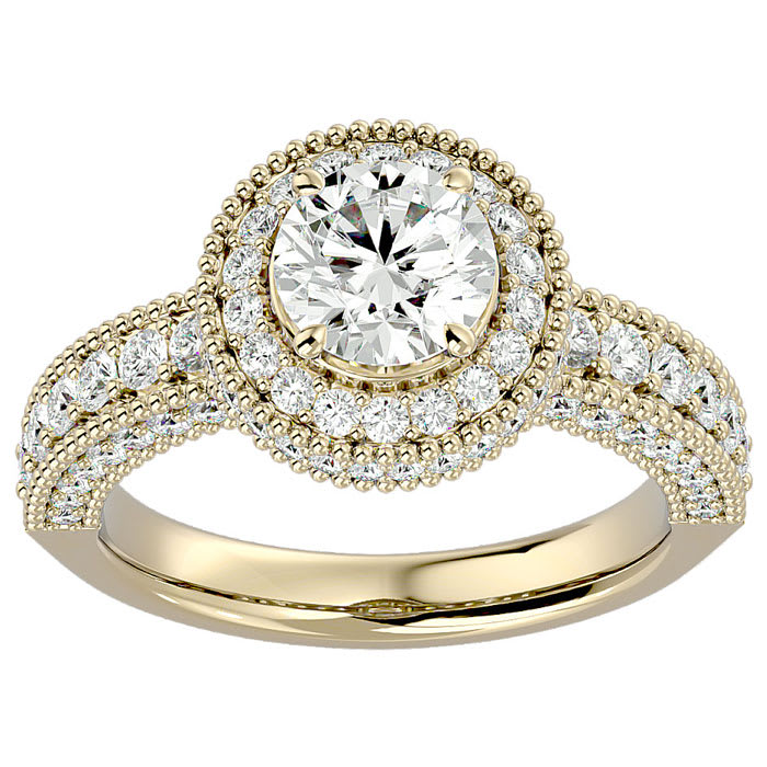 Moissanite Engagement Ring; 2 1/2 Carat Moissanite Halo Engagement Ring In 14 Karat Yellow Gold