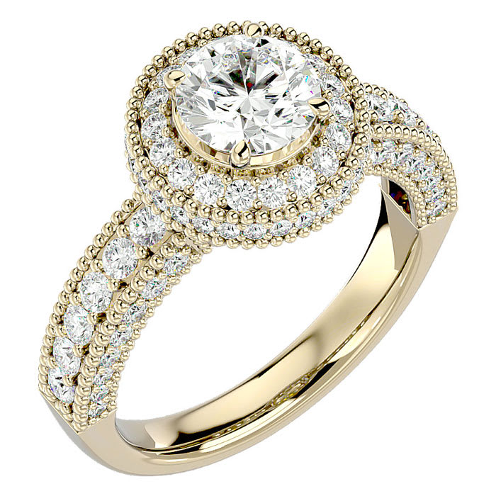 Moissanite Engagement Ring; 2 1/2 Carat Moissanite Halo Engagement Ring In 14 Karat Yellow Gold