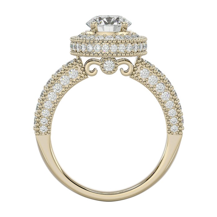 Moissanite Engagement Ring; 2 1/2 Carat Moissanite Halo Engagement Ring In 14 Karat Yellow Gold