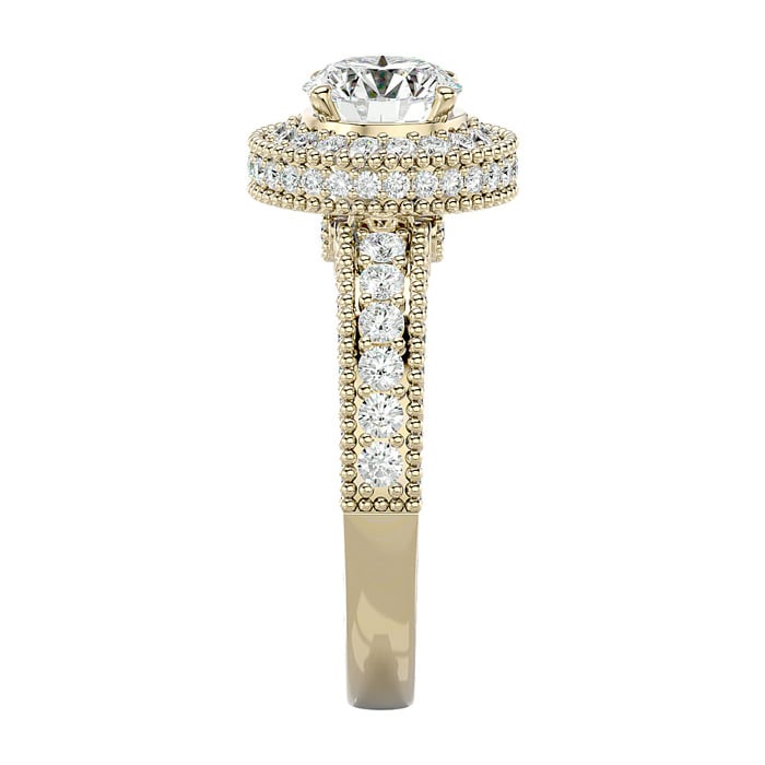 Moissanite Engagement Ring; 2 1/2 Carat Moissanite Halo Engagement Ring In 14 Karat Yellow Gold