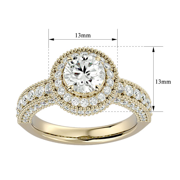 Moissanite Engagement Ring; 2 1/2 Carat Moissanite Halo Engagement Ring In 14 Karat Yellow Gold