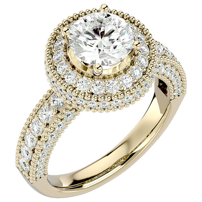 Moissanite Engagement Ring; 2 3/4 Carat Moissanite Halo Engagement Ring In 14 Karat Yellow Gold