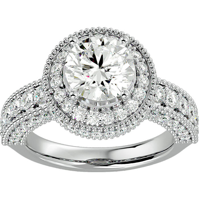 Moissanite Engagement Ring; 3 1/2 Carat Moissanite Halo Engagement Ring In 14 Karat White Gold