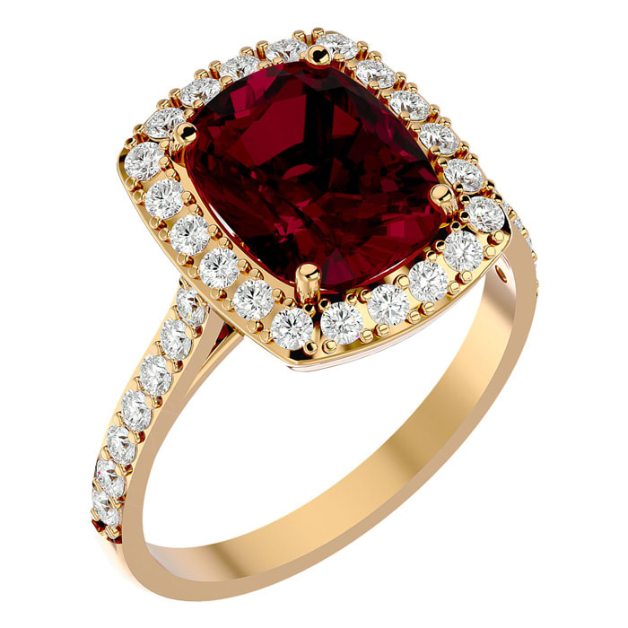 5 Carat Cushion Cut Ruby and Halo Diamond Ring In 18K Yellow Gold