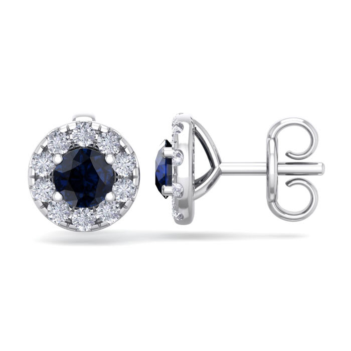 1 1/2 Carat Sapphire and Diamond Halo Stud Earrings In 14 Karat White Gold