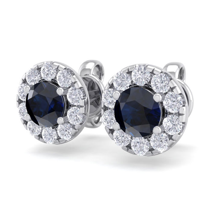 1 1/2 Carat Sapphire and Diamond Halo Stud Earrings In 14 Karat White Gold