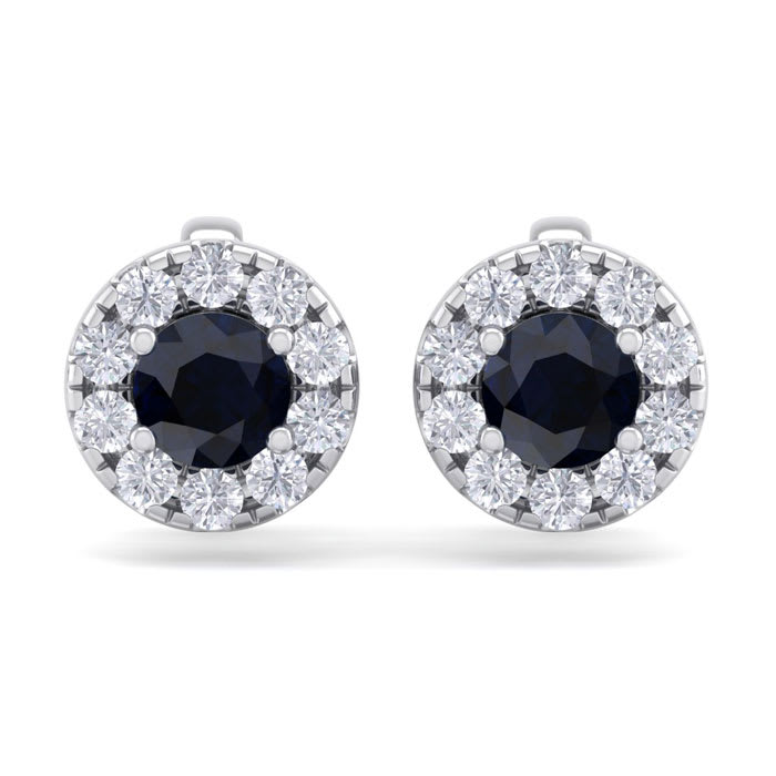 1 1/2 Carat Sapphire and Diamond Halo Stud Earrings In 14 Karat White Gold
