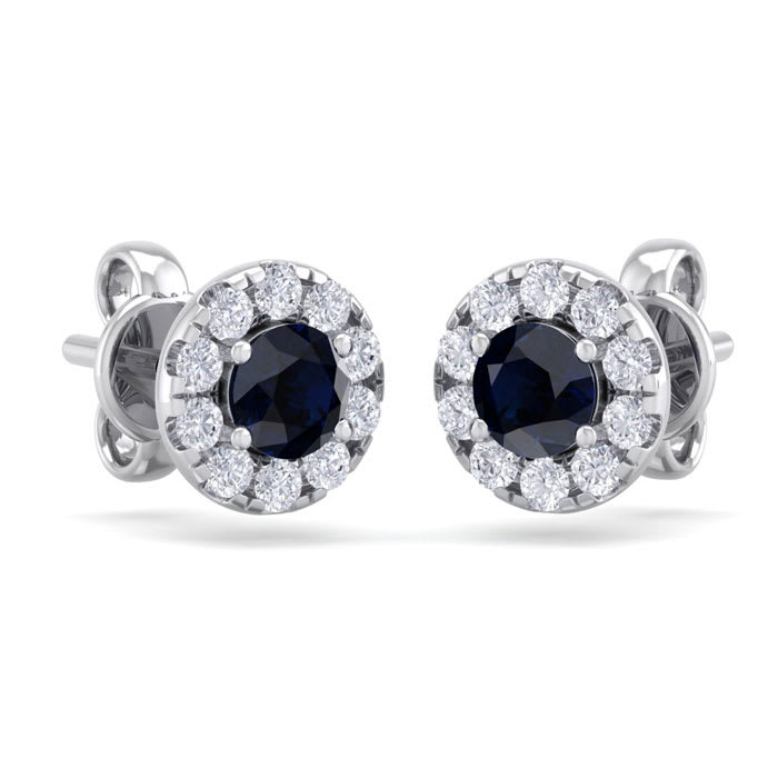 1 1/2 Carat Sapphire and Diamond Halo Stud Earrings In 14 Karat White Gold