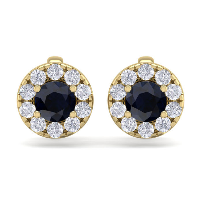 1 1/2 Carat Sapphire and Diamond Halo Stud Earrings In 14 Karat Yellow Gold