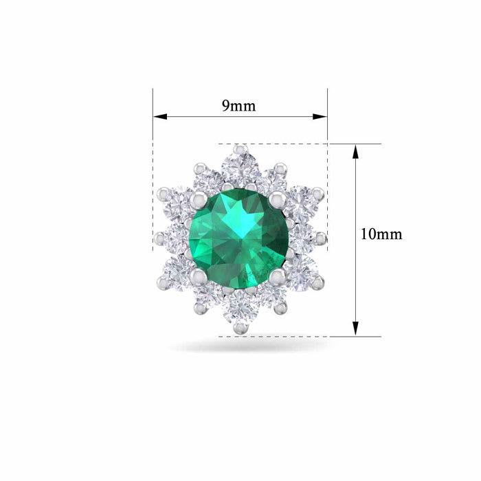1 Carat Round Shape Flower Emerald and Diamond Halo Stud Earrings In 14 Karat White Gold