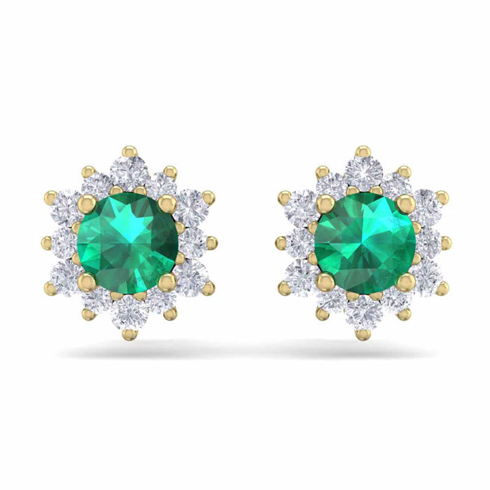 1 Carat Round Shape Flower Emerald and Diamond Halo Stud Earrings In 14 Karat Yellow Gold