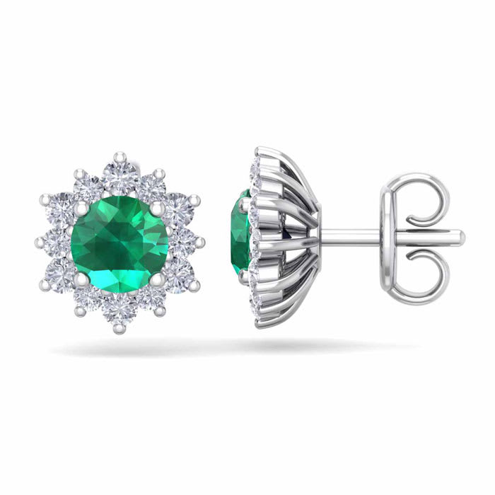 1 1/2 Carat Round Shape Flower Emerald and Diamond Halo Stud Earrings In 14 Karat White Gold