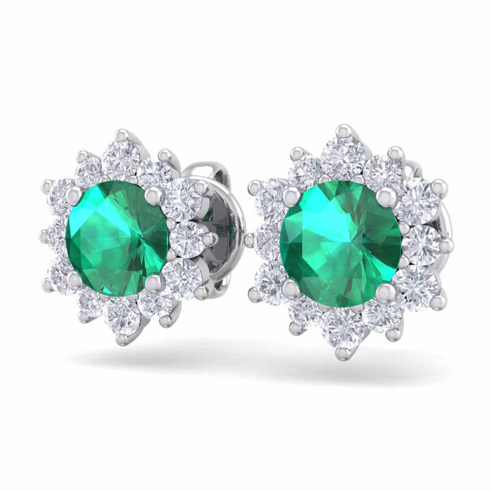 1 1/2 Carat Round Shape Flower Emerald and Diamond Halo Stud Earrings In 14 Karat White Gold