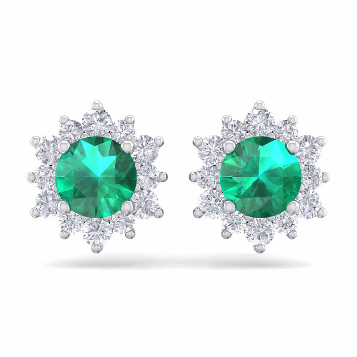 1 1/2 Carat Round Shape Flower Emerald and Diamond Halo Stud Earrings In 14 Karat White Gold