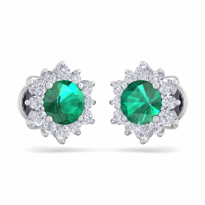 1 1/2 Carat Round Shape Flower Emerald and Diamond Halo Stud Earrings In 14 Karat White Gold