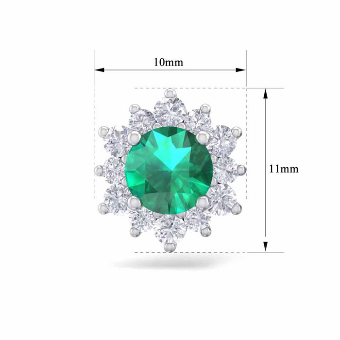 1 1/2 Carat Round Shape Flower Emerald and Diamond Halo Stud Earrings In 14 Karat White Gold
