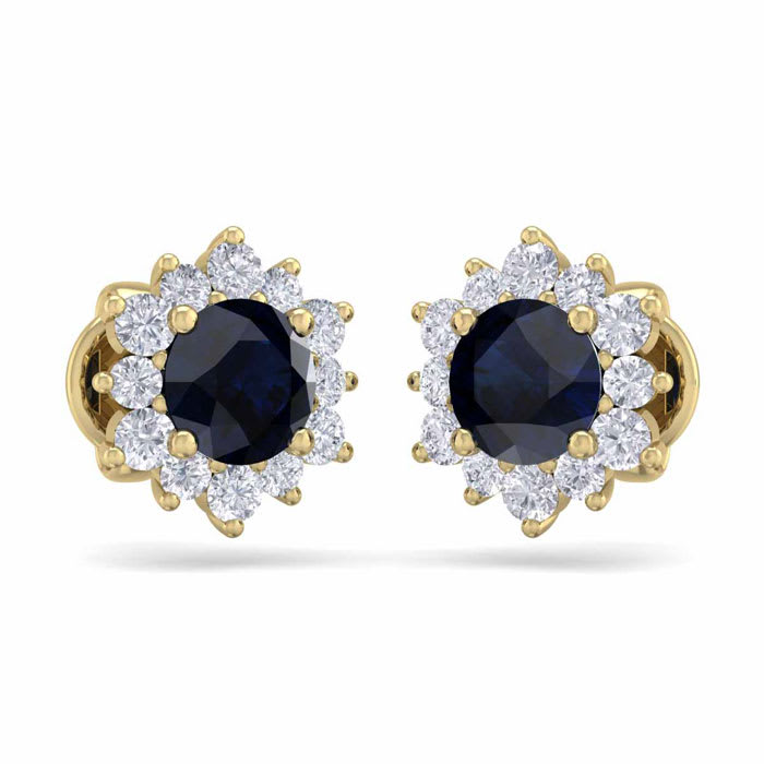 1 1/2 Carat Round Shape Flower Sapphire and Diamond Halo Stud Earrings In 14 Karat Yellow Gold