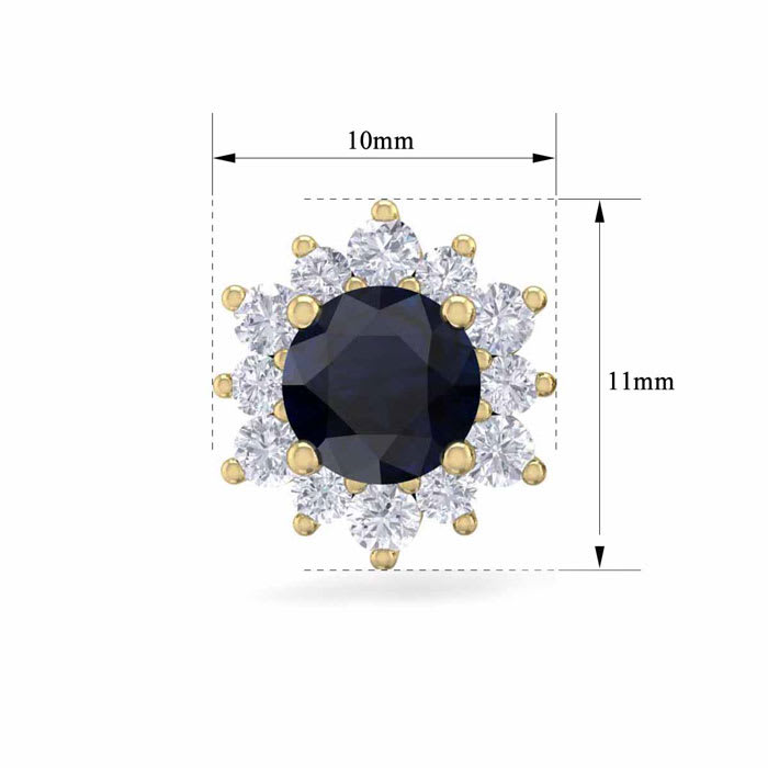 1 1/2 Carat Round Shape Flower Sapphire and Diamond Halo Stud Earrings In 14 Karat Yellow Gold