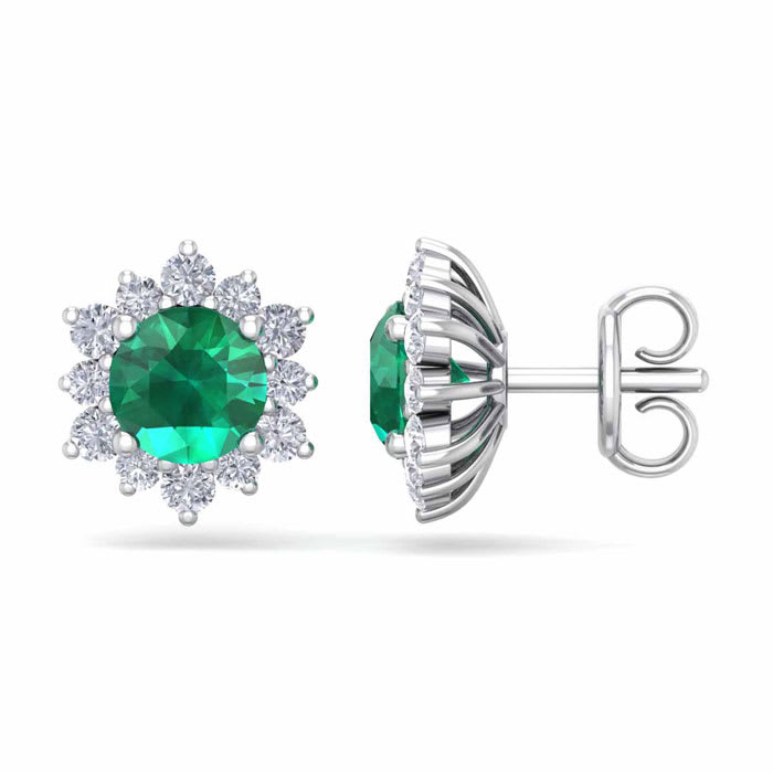 2 Carat Round Shape Flower Emerald and Diamond Halo Stud Earrings In 14 Karat White Gold