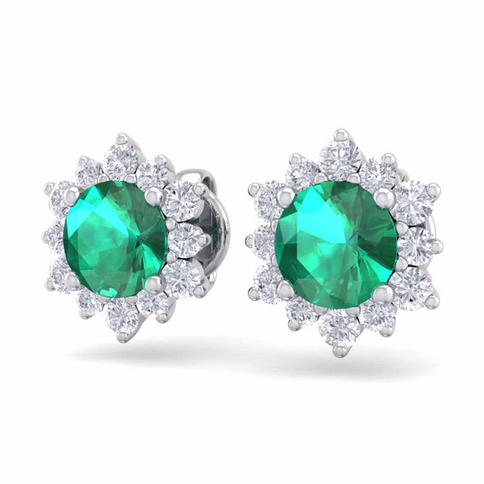 2 Carat Round Shape Flower Emerald and Diamond Halo Stud Earrings In 14 Karat White Gold